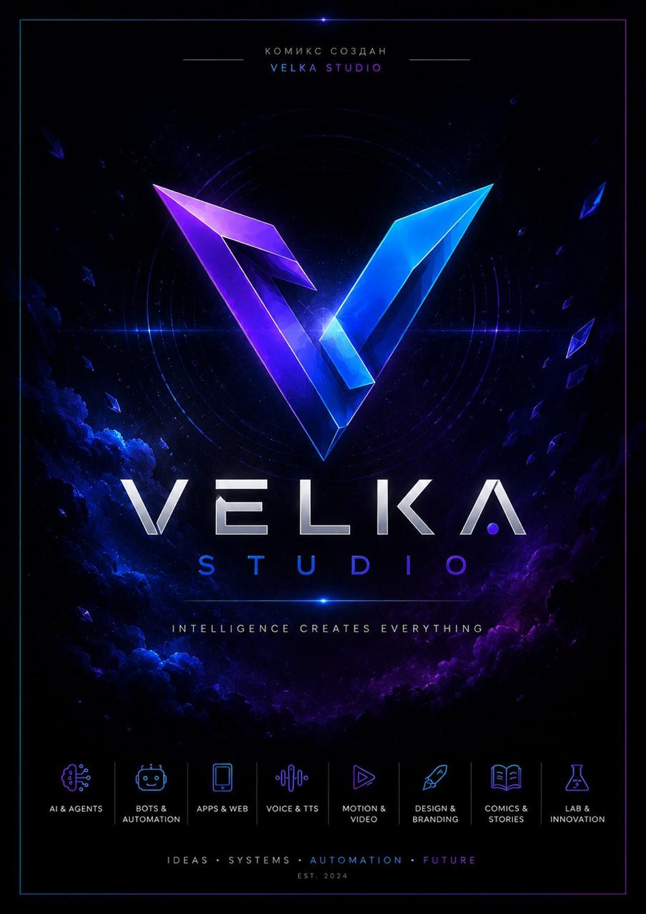 VELKA concept comic poster with studio logo