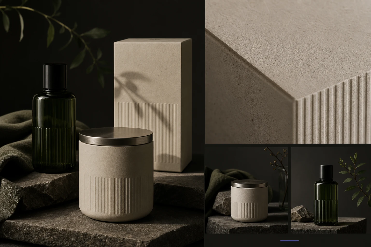 Koncept CALM RITUAL: wellness packaging, szklo i materialowe faktury