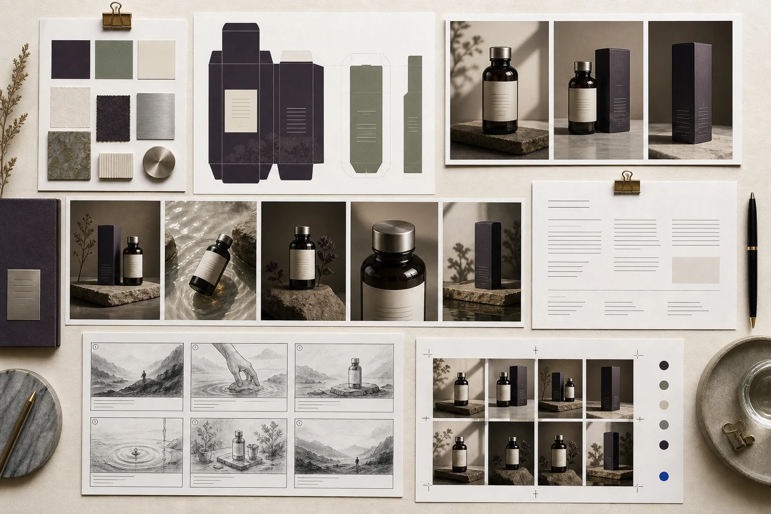Tablica materialow launch pack: opakowanie, packshots, storyboard i reklamy